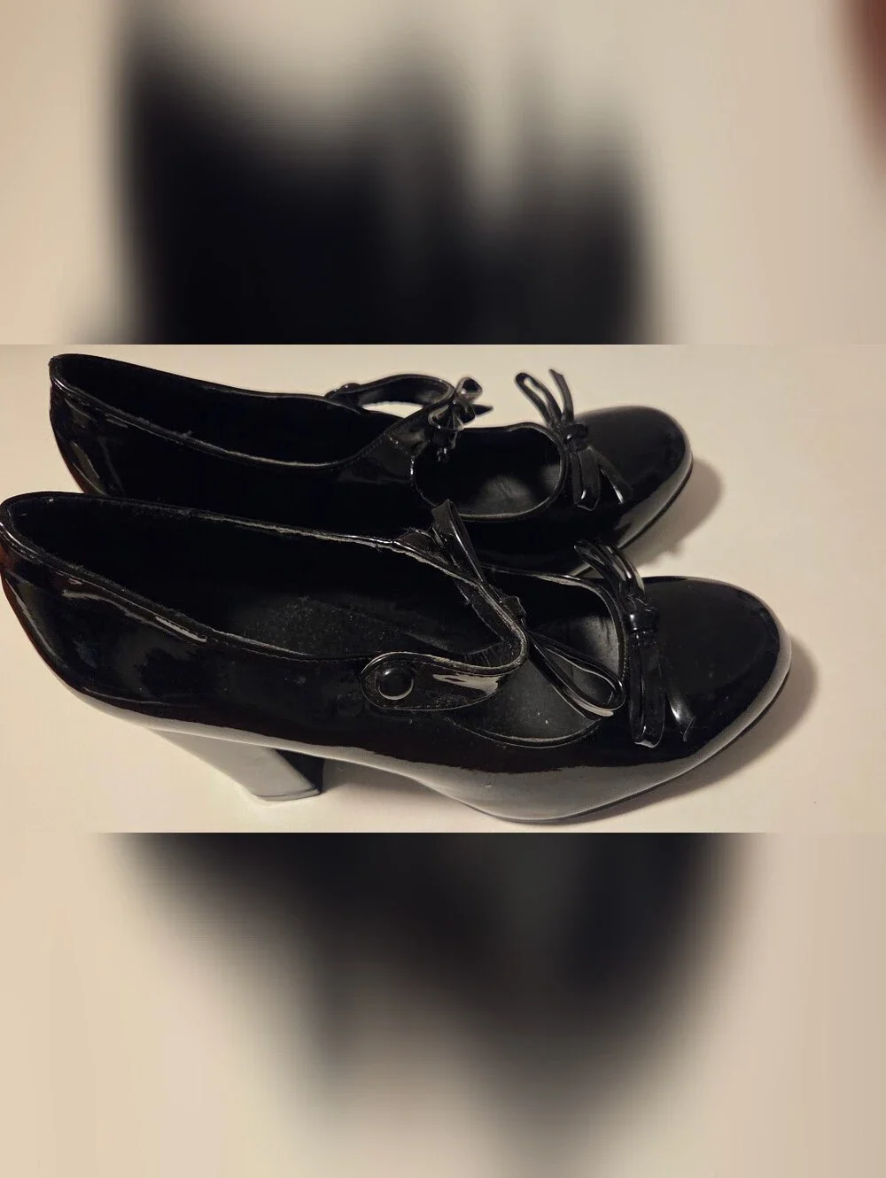 ​Black Patent Mary Jane Heels Women's Size M 7 8 Bow Costume Goth Cosplay GUC